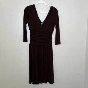 Women's Y2K Vtg Dress Espresso Chocolate Brown Ruched V Neck Twee Babydoll Sz 6